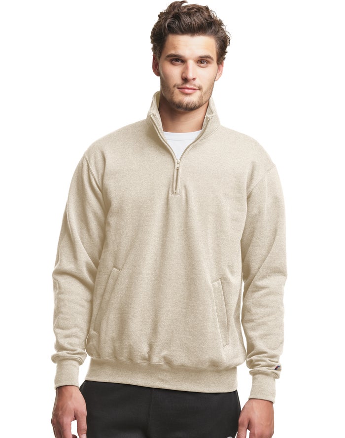 Champion Mens Sweatshirt NZ - Powerblend Fleece 1/4 Zip With Pockets Cream ( 5349-JUYMI )